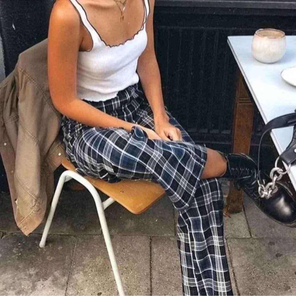 {Brandy Melville} "Tilden" Blue Black White Plaid Wide Leg Trousers Dress Pants